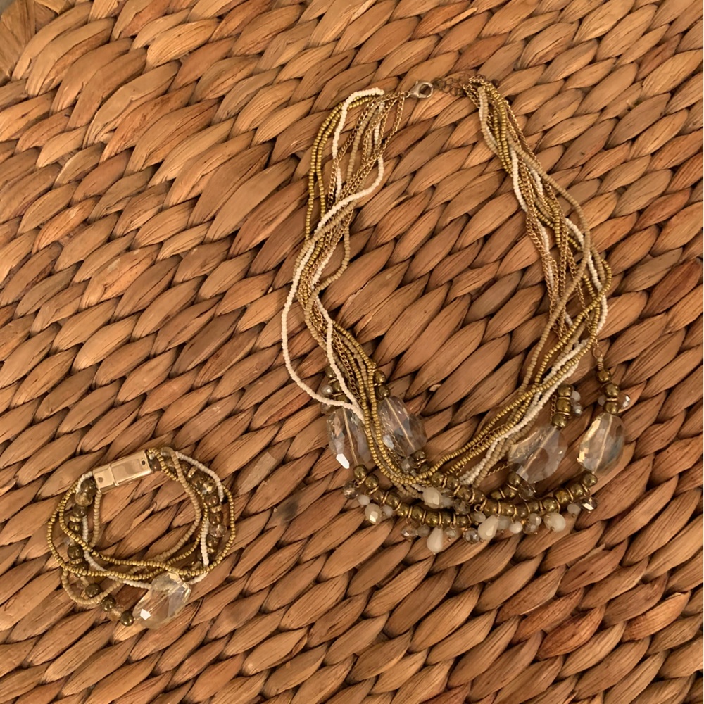 Two-Piece Set Multi Layered Beaded Gold Tone Necklace & Bracelet
